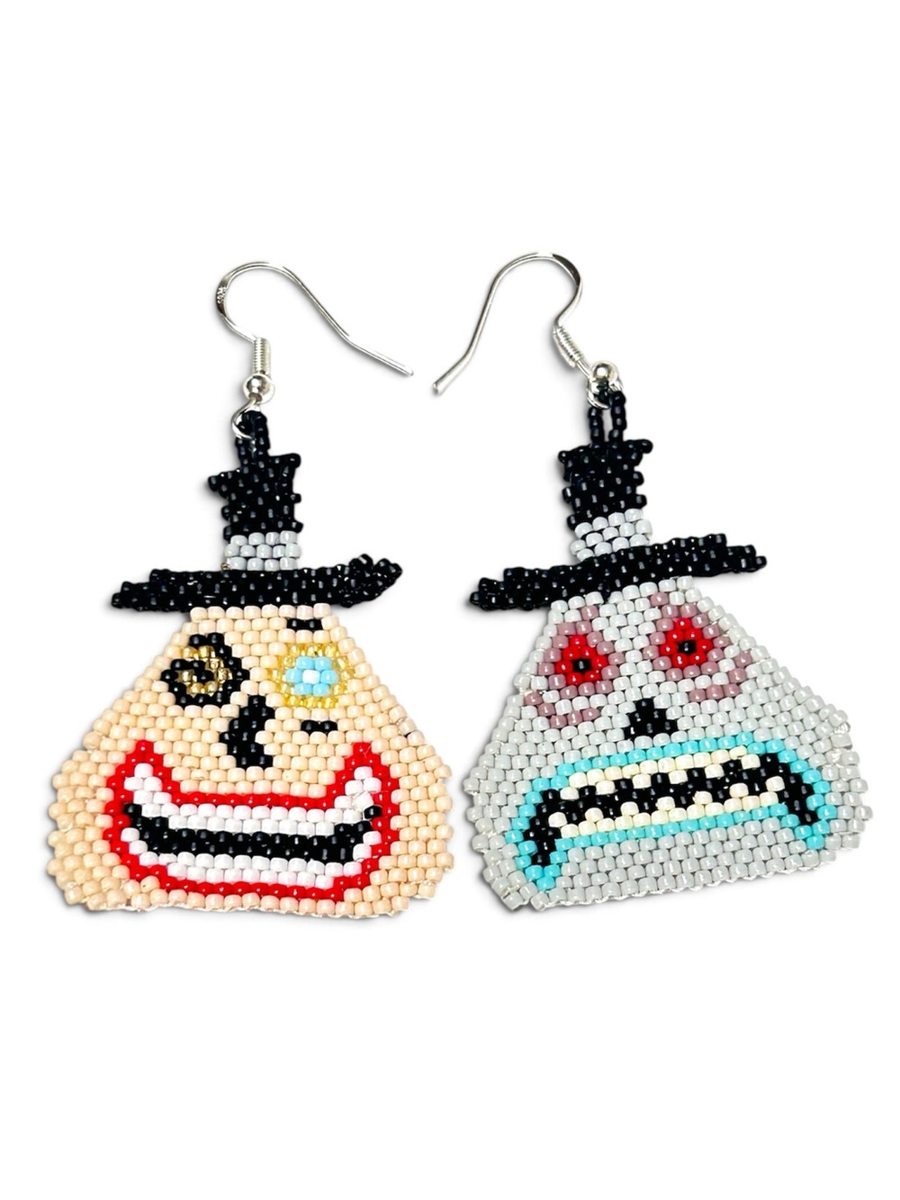 Handmade Miyuki Delica Beaded Burgomaster Happy/Mad Face Earrings On .925 Silver